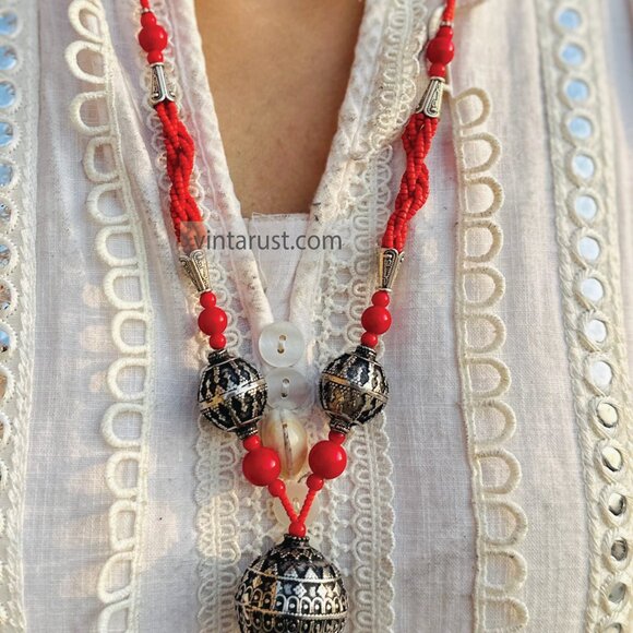 Handmade Red Beaded Necklace with Tribal Tassel Pendant, Beaded Chain Necklace - Picture 13 of 13